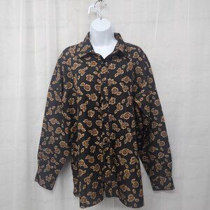 Vintage Oleg Cassini Black Brown Floral Button-Down Blouse Office L